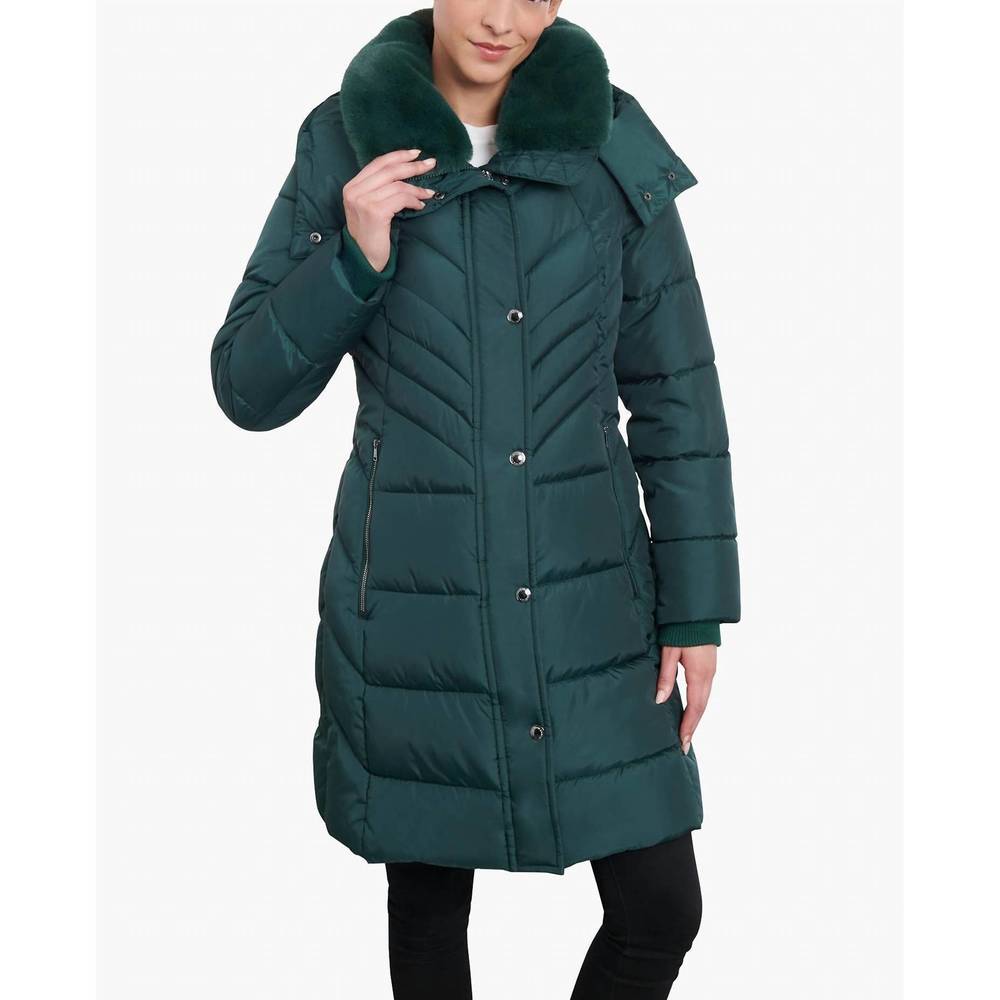 London Fog Deep Green Quilted Puffer Coat with Faux Fur Collar